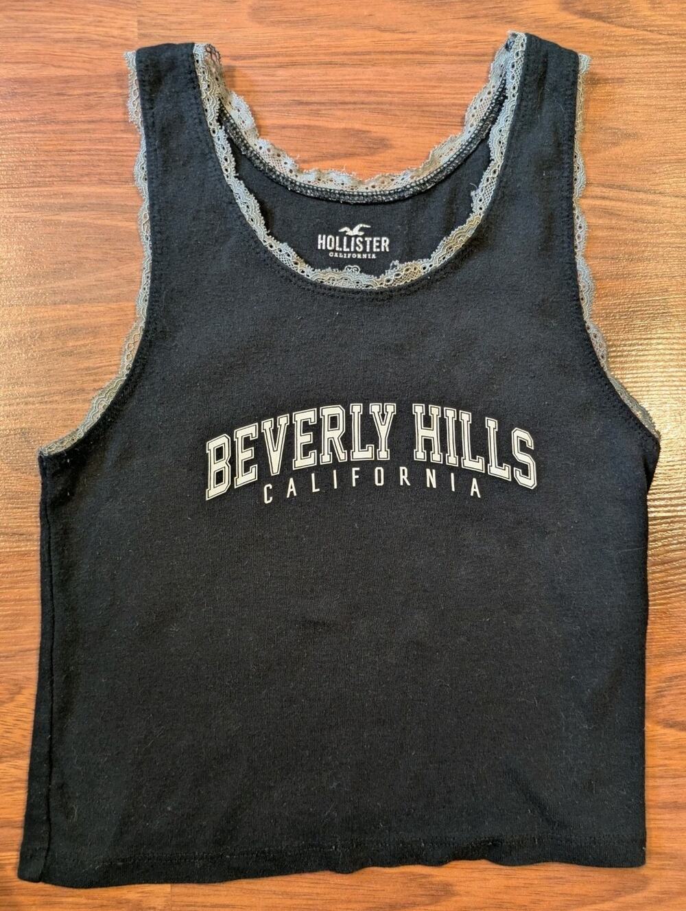 Hollister Womens XS Beverly Hills Tank Top Lace Trim Black Y2K Baby Tee 2000s